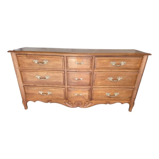 1990s Ethan Allen Legacy Maple 9 Drawer Triple Dresser French Country Chest Sideboard For Sale