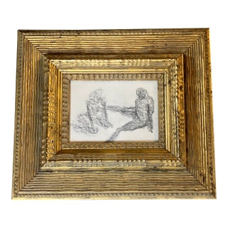 1950’s Original Abstract Double Figure Study Charcoal Drawing Chunky Heavy Gold Carved Wood Frame For Sale