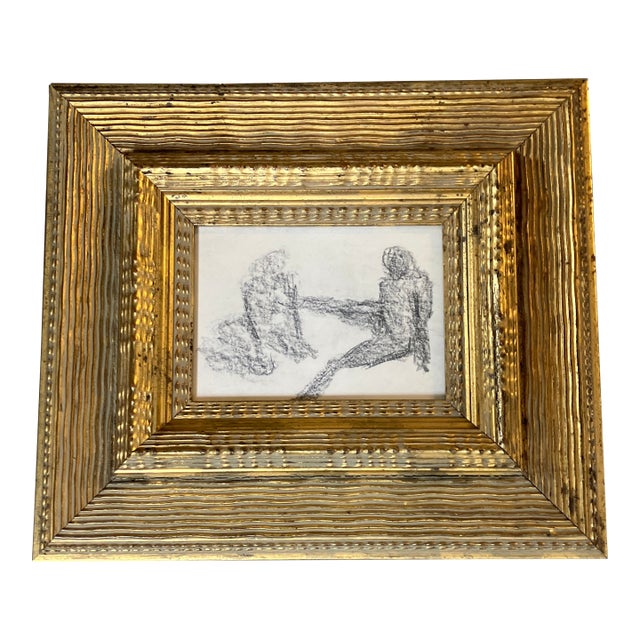 1950’s Original Abstract Double Figure Study Charcoal Drawing Chunky Heavy Gold Carved Wood Frame For Sale