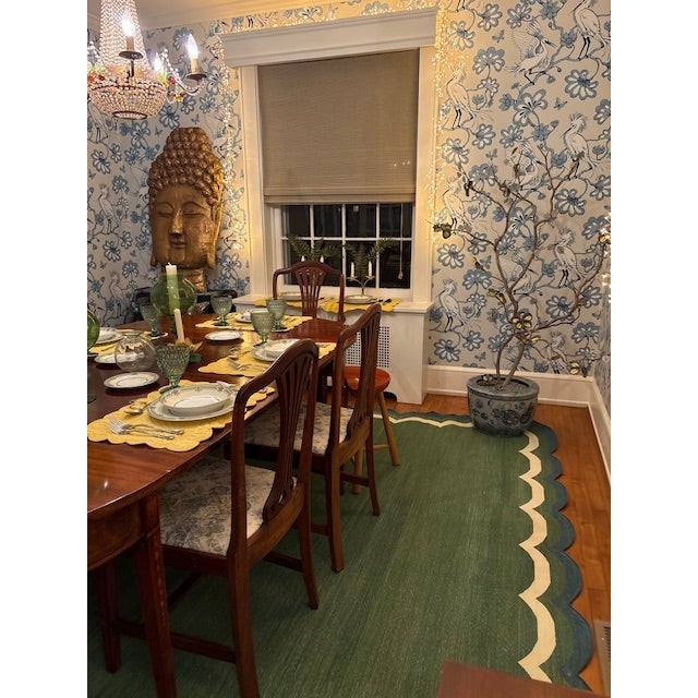 Handmade Cotton Vegetable Dyed Rug, Scalloped Forest Green Dhurrie - 14'x16' For Sale - Image 10 of 12