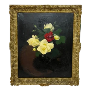 Late 19th Century Scottish Victorian Oil Painting Flowers Yellow & Red Roses by James Stuart Park, F