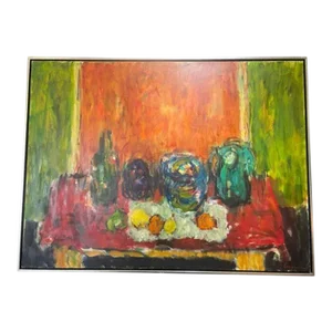 Mid-Century Still Life Oil Painting – Large Abstract Canvas