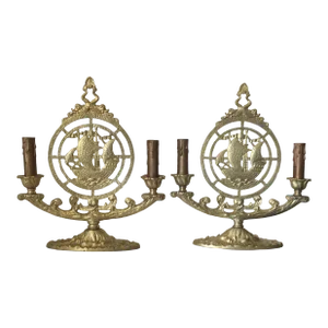 Vintage Solid Brass Nautical Tabletop Lamps With Ship Design, a Pair