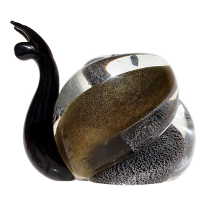 Murano Vetreria Venier Label Gold Silver Flecks Black Italian Art Glass Snail Figurine Paperweight