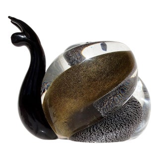 Murano Vetreria Venier Label Gold Silver Flecks Black Italian Art Glass Snail Paperweight Figurine For Sale