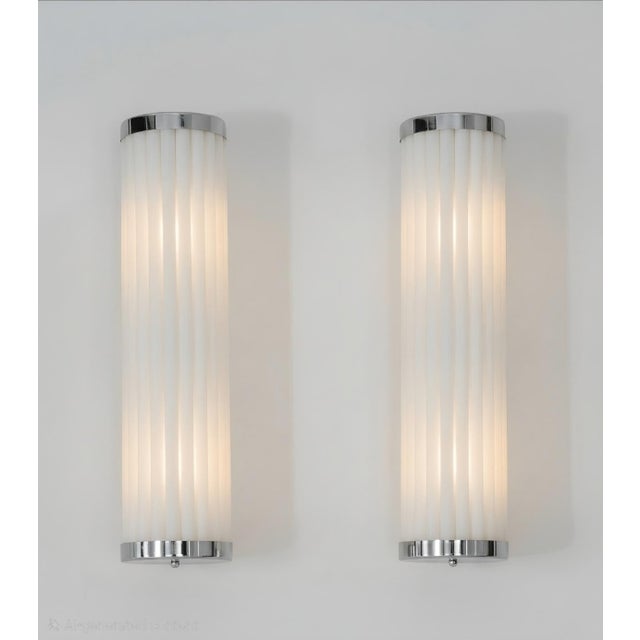 Vintage Art Deco Light Old Lamp Wall Sconces Fixture Nickel Brass & Milk Glass Rod Ship Light - Pair For Sale - Image 4 of 4