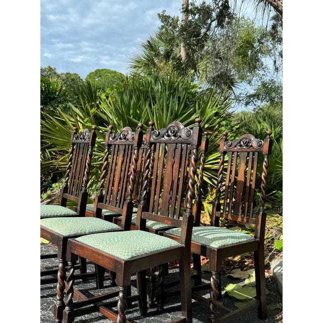 Antique Set of Six Barley Twist Dining Chairs With Teal Leopard Upholstery For Sale - Image 9 of 11
