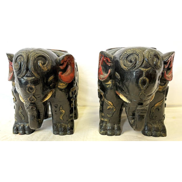 Vintage Solid Wood Painted African Elephant Stools- A Pair For Sale - Image 4 of 15