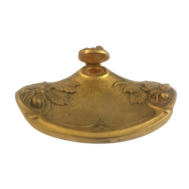 Metal Inkwell Branches and Leaves of Hazelnut Trees in Gilt Bronze by Frecourt, 1890s For Sale - Image 7 of 7