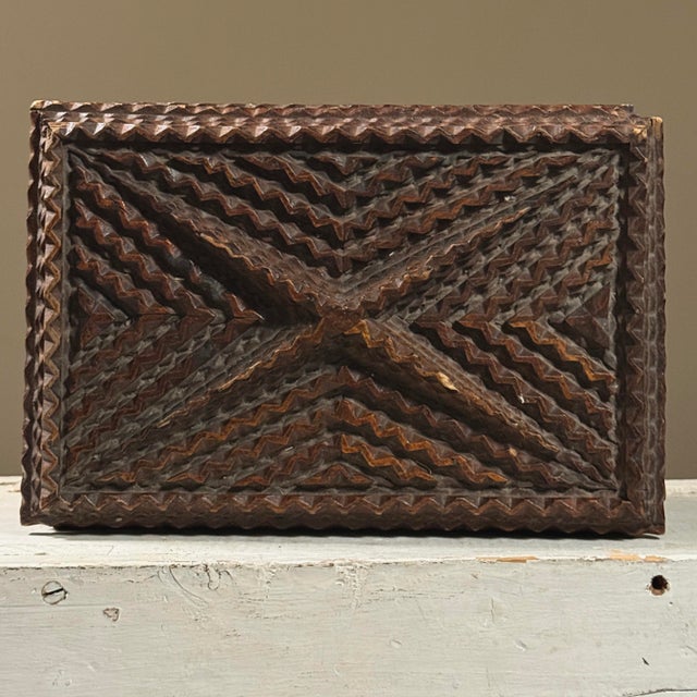 Brown Antique Tramp Art Box With Carved Artist’s Initials For Sale - Image 8 of 12
