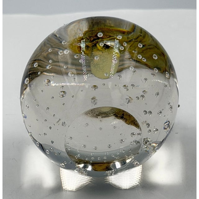 Contemporary Venetian Art Glass Apple Paperweight W/Brass Leaf & Stem Bullicante Bubbles For Sale - Image 3 of 7