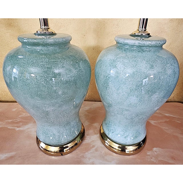 Celadon Pair of Vintage Celadon Glazed Ceramic Ginger Jar Table Lamps For Sale - Image 8 of 18