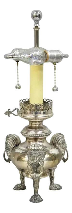 Antique English Regency Silver Plated Converted Oil Lamp Lion Mounted Table Lamp