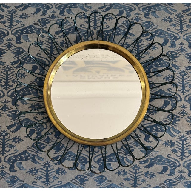 Josef Frank Petite Scale Modernist French Round Brass Sunburst Loop Mirror, 1950s For Sale - Image 4 of 15