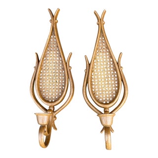 Vintage Homco Wood & Cane Textured Cast Resin Candle Sconces -A Pair For Sale