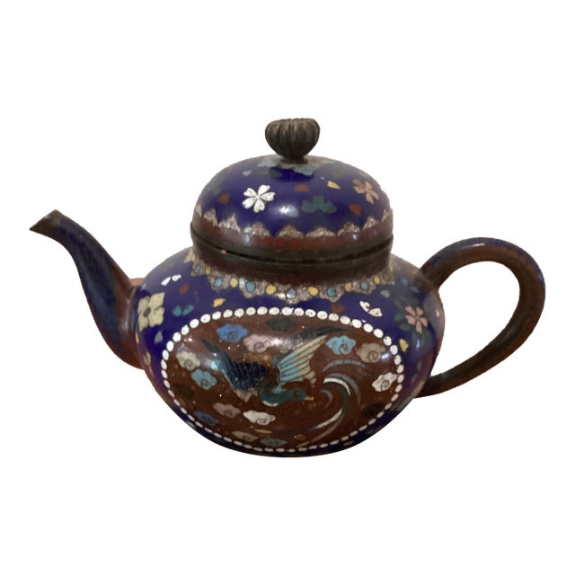 Antique Japanese Cloisonné Meiji Period Teapot Phoenix Motif, Blue Enamel Body on Wood Base For Sale
