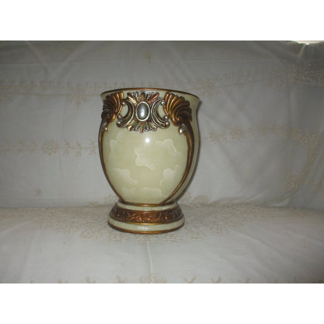 This is a Gorgeous! Vintage Hollywood Regency Ornate Pearlized Faux Marble With Bronze & Silver Accents Wastebasket with a...