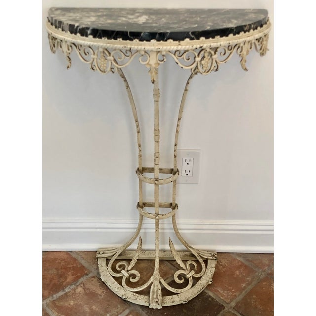 Antique Art Deco Painted Wrought Iron Marble Top Demilune Console Table