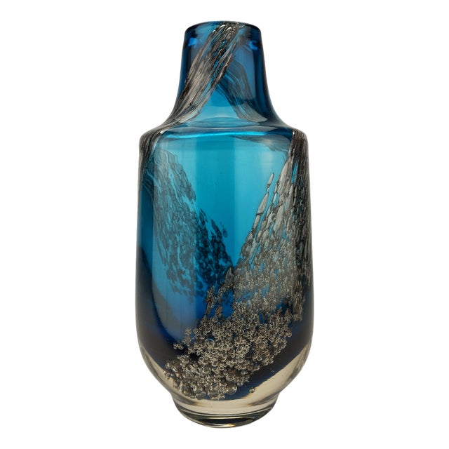 Large Blue Glass Vase with Florida Decor by Heinrich Loffelhardt for Schott-Zwiesel, 1970 For Sale
