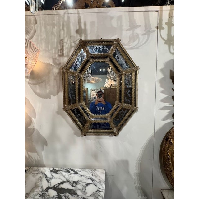 Silver Vintage Etched Murano Glass Venetian Style Octagonal Mirror For Sale - Image 8 of 8