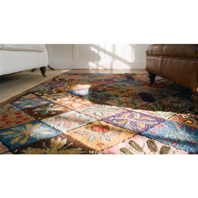 1930s Multi Geometric Folk Art Antique American Hooked Rug 6' X 8'9" Woven Wool Carpet For Sale - Image 14 of 15