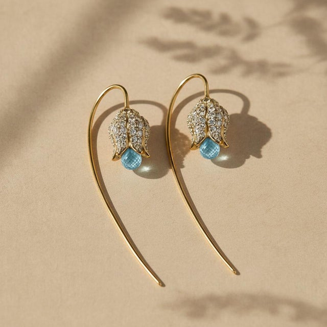 Modern Silver, Gold Lily Flower Earrings With Topaz Briolettes, Pair For Sale - Image 3 of 8