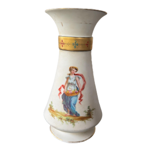 Antique Old Paris Porcelain Portrait Vase of a Maiden Holding Flowers
