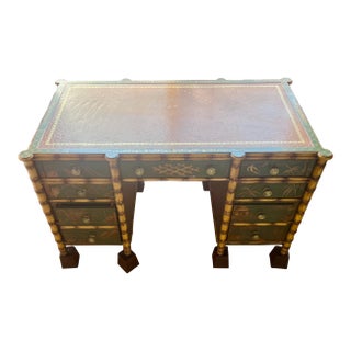 Julia Gray Green and Parcel Gilt Chinoiserie Lacquered Bamboo-Turned Partners Desk For Sale