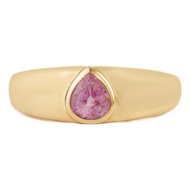 Contemporary Pear Pink Sapphire Bezel Set Signet Ring Size 4 in 14k Gold For Sale