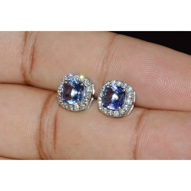 Certified Natural 2.35cts vs F Diamond Tanzanite Halo Stud Earrings, A Pair For Sale - Image 9 of 11