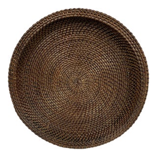 18" Brown Woven Circular Swirl Pattern Basket Tray For Sale