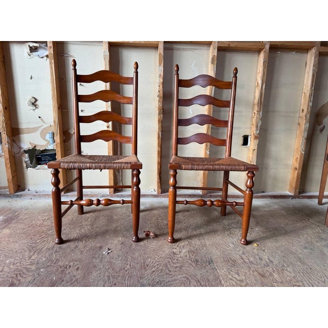 Henkel harris early American rustic style high ladder back dining chairs.. Set of 6 American made, solid wood frame....