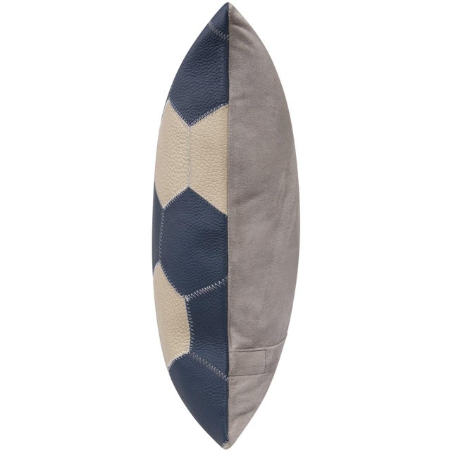 Navy Blue Navy Blue & Cream Cowhide Leather Pillow - Hexagonal Patchwork For Sale - Image 8 of 11