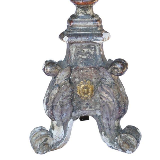 56” Tall Rare Pair of 18th-Century Italian Silvered & Giltwood Ecclesiastical Altar Prickets For Sale - Image 9 of 18