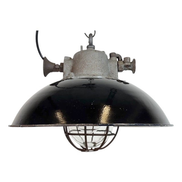 Industrial Black Enamel and Cast Iron Cage Pendant Light from Elektrosvit, 1960s For Sale
