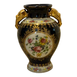 Late 20th Century French Style, Cobalt Blue and Gold Porcelain Vase With Floral Motif