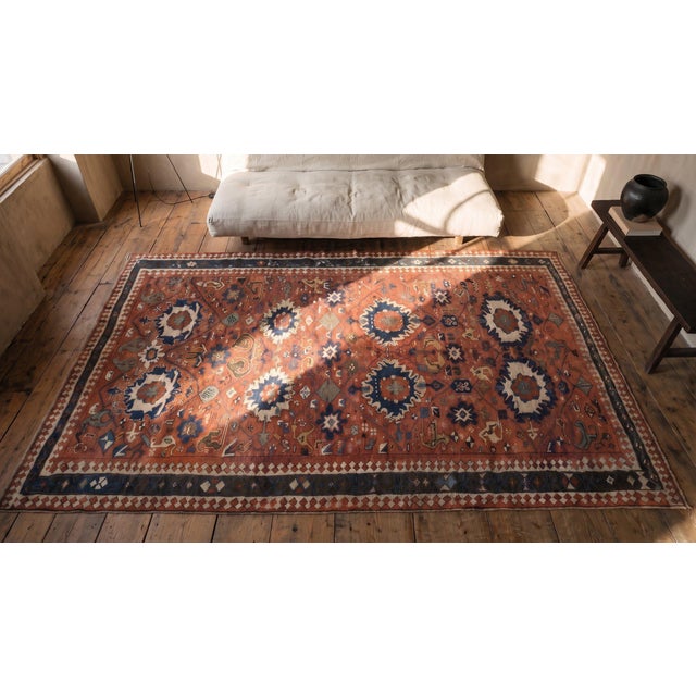 Masterly Handmade Red Background With Brown Border Medallion-Crest Design Antique Persian Rug For Sale - Image 11 of 11