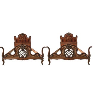 1930s Venetian Baroque Twin Marquetry & Carved Walnut Beds - A Pair For Sale