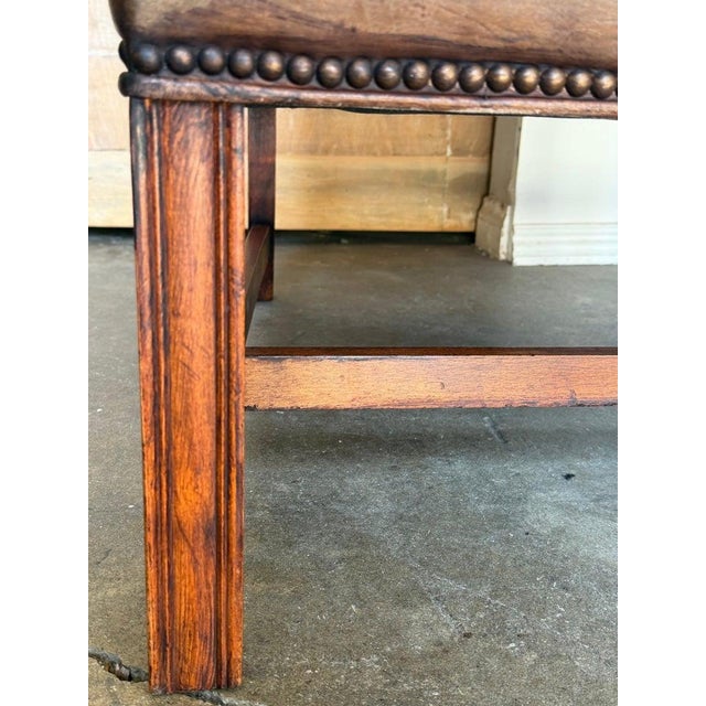 Pair of English Georgian Style Wingback Armchairs - Distressed Brown Leather For Sale - Image 15 of 17