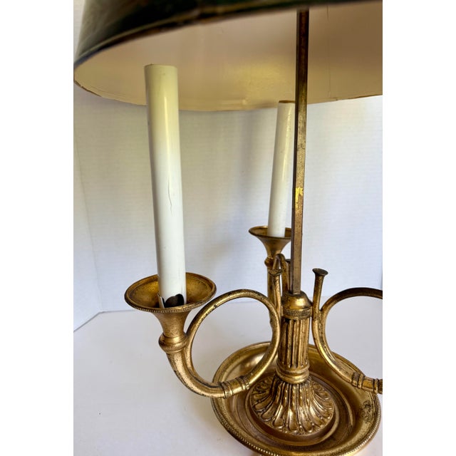 Metal Early 20th Century Brass Bouillotte Lamp With Horn-Form Arms & Adjustable Green Tôle Shade For Sale - Image 7 of 12
