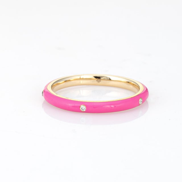 Contemporary ​Candy Pink Enamel Diamond Ring Size 6.5 14k Yellow Gold Stacking Band Jewelry For Sale - Image 3 of 6