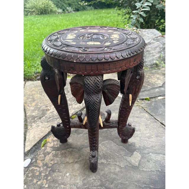 Antique Anglo-Indian Hand-Carved Elephant Side Table With Bone Inlay For Sale - Image 4 of 18