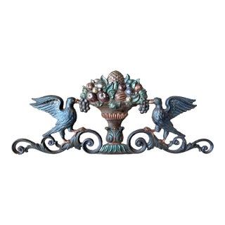 Late 19th-Century Cast Iron Victorian-Style Pediment With Fruit Urn & Swooping Ravens For Sale
