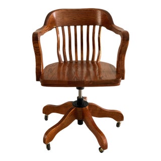 Antique White Clad Simmons Hardware Co. Solid Oak Wood Banker's Swivel Chair For Sale