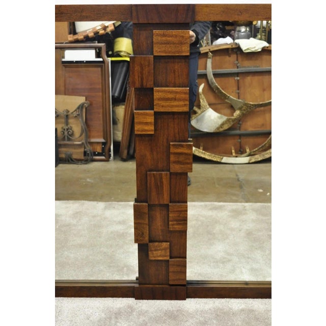 Mid-Century Modern 20thC Lane Mid Century Modern Brutalist Cubist Block Rectangular Wood Frame 52" Mirror For Sale - Image 3 of 12