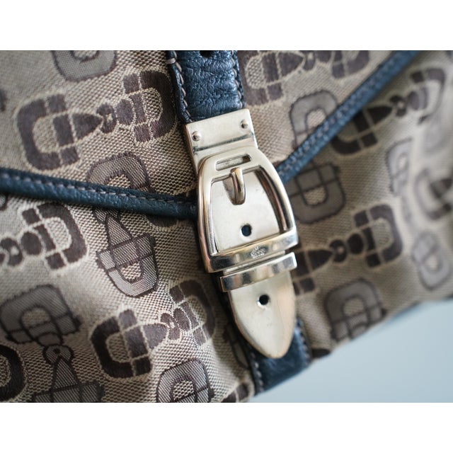 Rare Gucci Horsebit 1955 Canvas and Leather Tote designed by Frida Giannini. Unlike the common GG monogram, this vintage...