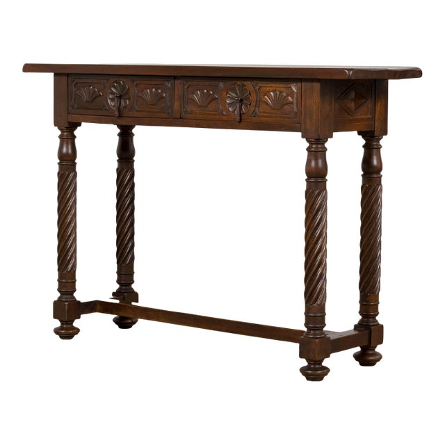 Early 20th Century Spanish Walnut Console Table With Barley Twist Legs For Sale