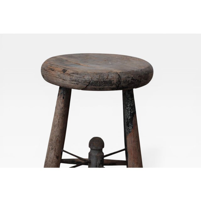 Brown Early 20th Century French Provincial Workshop Stool With Iron X-Stretcher For Sale - Image 8 of 18