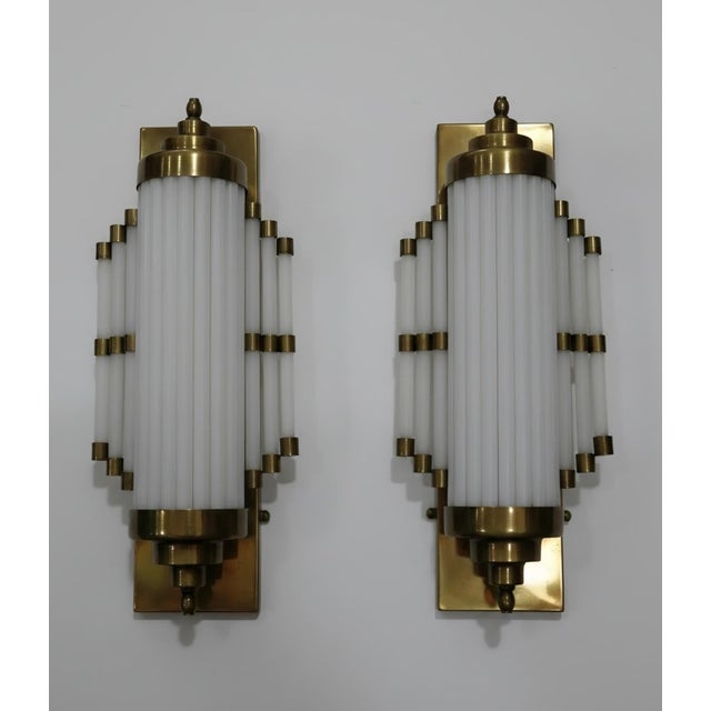 Glass Pair Skyscraper Vintage Art Deco Light Old Lamp Wall Sconces Fixture Brass & Milk Glass Rod Ship Light For Sale - Image 7 of 7