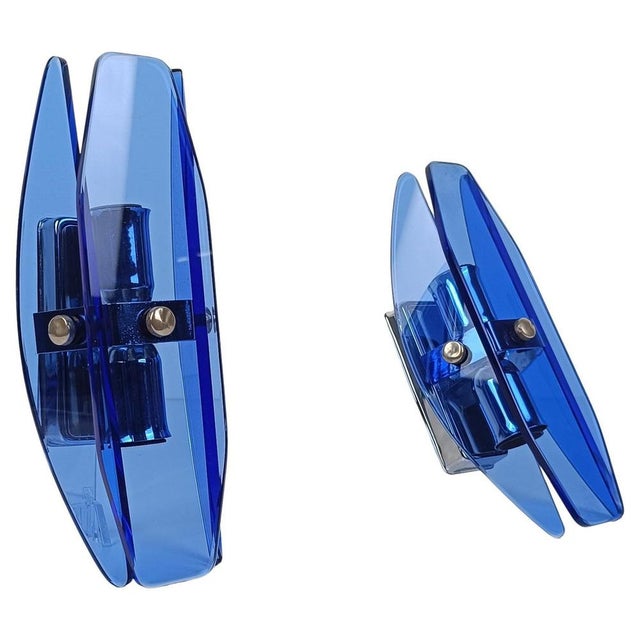 Italian Sconces in Chrome and Blue Beveled Glass from Veca, 1970s, Set of 2 For Sale - Image 15 of 15